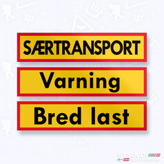Set gelber Aufkleber mit rotem Rand und schwarzem Text: SRTRANSPORT, Varning, Bred last.