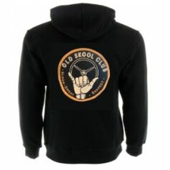 Schwarze Kapuzenjacke von hinten mit groem, rundem Stick auf dem Rcken: 