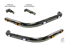 Zwei glnzende Eckrohre mit weien und gelben LED-Leuchten und zwei passende Halterungen.