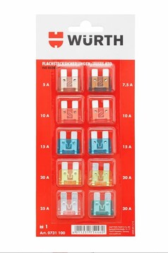 Wrth Flachstecksicherungen in verschiedenen Ampere-Strken und Farben auf roter Blisterverpackung.