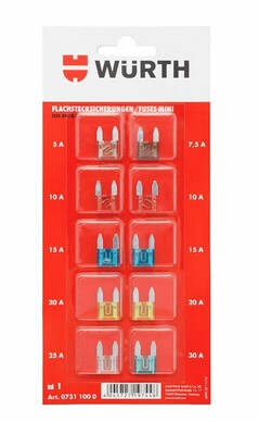 Wrth Flachstecksicherungen Mini: Blisterpackung mit farbigen Sicherungen in verschiedenen Ampere-Werten.