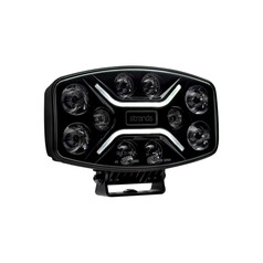 Ovaler schwarzer Strands Fernscheinwerfer mit weien LED-Positionslichtern und dunklen Details.