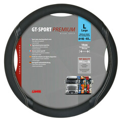Schwarzer Sportgriff Lenkradschoner mit weien Nhten auf Verpackung. GT-SPORT PREMIUM, Gre 46-48 cm.