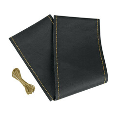 Schwarzer Lenkradschoner aus Naturleder mit goldbraunem Nhfaden.