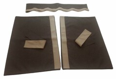 LKW Gardinenset aus dunkelbraunem Stoff mit beiger Kunstlederkante. Zeigt Bordre, Rundumgardine und Rckhaltebnder.