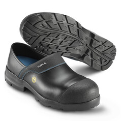 Schwarze SIKA Arbeitsclogs aus Leder mit blauen Nhten und robuster Zehenkappe. Eine Sohle zeigt das Profil. ESD-Symbol sichtbar.
