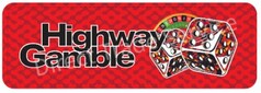 Rotes Dashmat mit "Highway Gamble" Schriftzug, bunten Wrfeln und Roulette-Rad-Motiv.