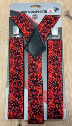 Hosentrger mit aufflligem rot-schwarzem Muster, schwarzen Lederdetails und silbernen Metallclips auf Verpackung.