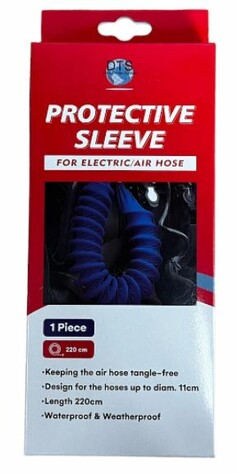 Rote Verpackung der DTS Schutzhlle fr Luftschlauch, zeigt eine dunkelblaue, geriffelte Schlauchhlle.