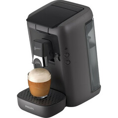 Dunkelgraue Senseo Kaffeepadmaschine Maestro mit Tasse Kaffee.