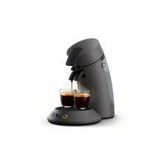 Graue Philips Senseo Kaffeepadmaschine fllt Kaffee in Glser. Philips Logo sichtbar.