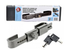 Graues Containerschloss aus gehrtetem Stahl mit zwei Schlsseln.