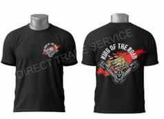 Schwarzes Baumwoll-T-Shirt mit kleinem "King of the Road" Druck auf der Brust und groem Druck mit Tierkopf und Kolben auf dem Rcken.