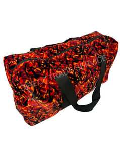 Reisetasche klein aus Dnisch Plsch in Rot-Orange mit schwarzem Muster, Griffen und Reiverschluss.