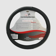 DTS Lenkradschoner aus schwarzem Leder mit silbernem Rand.