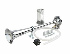 Chrom-Druckluft-Hupe-Komplettset mit Kompressor, Relais, Schlauch und Montagezubehr.