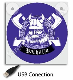 Eckiger, blauer Leuchtkasten mit Wikingerkopf-Motiv, xten und "Valhalla" Schriftzug. Inklusive USB-Anschluss und Saugern.