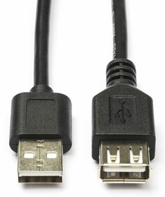 Schwarzes USB-Verlngerungskabel mit USB-A Stecker und Buchse, letztere mit USB-Logo.