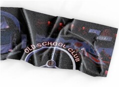 Dunkles Mikrofaser Strandtuch mit "Old School Club" Lenkrad-Design.