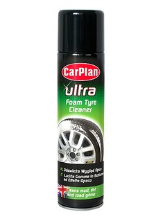 Schwarze Sprhdose CarPlan Ultra Foam Tyre Cleaner Reifenschaum mit Bild eines Reifens mit Schaum.