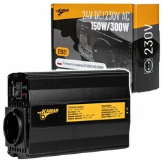 Schwarzer Spannungswandler 24V/230V 150/300W mit 230V Steckdose und USB-Anschlssen, dahinter die Produktverpackung.