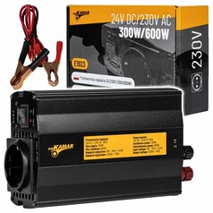 Schwarzer 24V/230V Spannungswandler 300/600W mit Batterieklemmen und Produktverpackung.