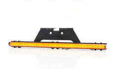 Leuchtende, orangefarbene Markierungsleiste in Neon-Optik mit schwarzer Halterung.