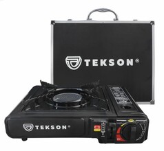 Schwarzer TEKSON Gaskocher mit Keramikbrenner und passendem Aluminium-Transportkoffer.