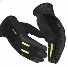 Schwarze Guide Schutzhandschuhe aus Kunstleder mit neongelben Streifen und offener Stulpe.