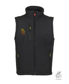Schwarze Softshell-Herrenweste mit Reiverschlssen, fluoreszierenden Ziehhilfen und Berg Br Aufdruck auf der Brust.
