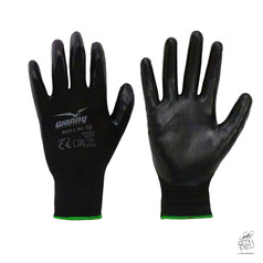 Schwarze Arbeitshandschuhe SKILL N2 mit Nitrilbeschichtung und belftetem Handrcken, grnem Strickbndchen.