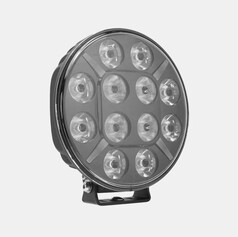 Runde schwarze LED-Arbeitsleuchte mit mehreren klaren Linsen und schwarzer Montagehalterung.