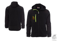 Schwarze zweifarbige Strickjacke mit Softshell-Einstzen, Kapuze und Berg Br Aufdruck. Neonfarbene Reiverschlsse und Brusttasche.