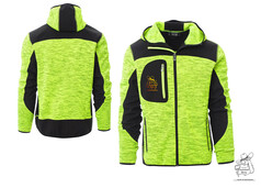 Vorder- und Rckansicht einer technischen Strickjacke in Warnfarbe mit schwarzen Softshell-Einstzen, Kapuze und Berg Br Aufdruck.