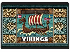 Fumatte mit buntem Wikingerschiff auf Wellen, umrahmt von goldenen und blauen keltischen Ornamenten. Dnische, schwedische, norwegische Flaggen. Text: VIKINGS.