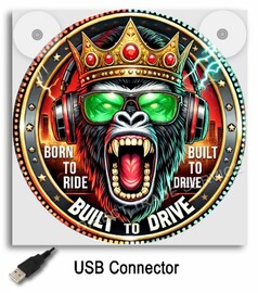 Eckiger Leuchtkasten mit rundem Design: aggressiver Gorilla mit Krone, grner Sonnenbrille, Text 