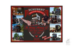 AST "Memory Edition" Plakat: Schwarze Scania LKW, rote Akzente, Schriftzge "Schubert Trucking Forever" und "In Loving Memory Of".