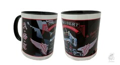 AST "Memory Edition" Tasse, schwarz mit weiem Rand. Bedruckt mit LKW, Flgeln und "SCHUBERT TRUCKING FOREVER".