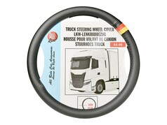 Schwarzer Lenkradschoner mit sichtbaren Nhten und einem Abschnitt in den Farben der deutschen Flagge.