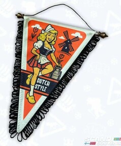 Wimpel Dutch Style aus Stoff. Zeigt Frau in Tracht, Windmhle und Schriftzug 