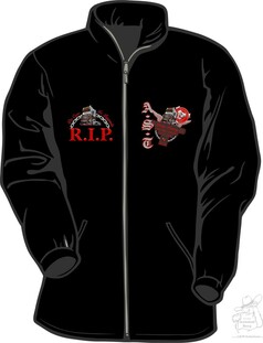 Schwarze AST Fan Jacke mit Reiverschluss. Zwei LKW-Grafiken auf der Brust mit "R.I.P." und "A.S.T." Schriftzgen.