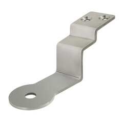 Antennenhalterung aus poliertem Edelstahl, L-frmig mit einem Antennenloch und zwei Befestigungslchern.