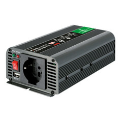 Grauer Power Inverter 300W reine Sinuswelle mit 230V Steckdose, USB-Anschluss und Khlrippen.