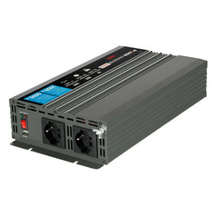 Grauer Power Inverter 3000 aus Aluminium mit gerippter Oberflche, zwei Schuko-Steckdosen und USB-Anschluss.