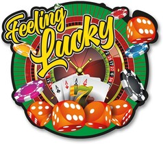 Lufterfrischer mit Casino-Motiv: Roulette, Spielkarten, Wrfel und Chips. Text: Feeling Lucky.