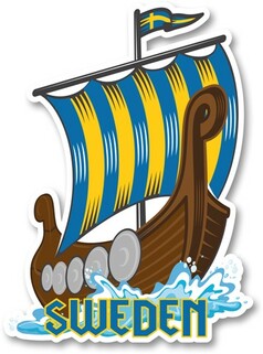 Lufterfrischer in Form eines braunen Wikingerschiffs mit blau-gelbem Segel und schwedischer Flagge. Text: SWEDEN.