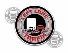 Runder Aufkleber "Bandito Club" in Schwarz, Rot, Wei mit Text "LEFT LANE TRAFIK" und LKW- & PKW-Silhouetten.