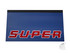 Blauer Schmutzfnger mit zweifarbiger "SUPER" Beschriftung in Rot und Wei.