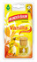 Wunderbaum Autoduft Vanilla Duftflakon mit gelber Flssigkeit, Holzkappe und gelber Kordel, in gelb-oranger Blisterverpackung.