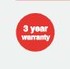 Runder roter Aufkleber mit weiem Text "3 year warranty".